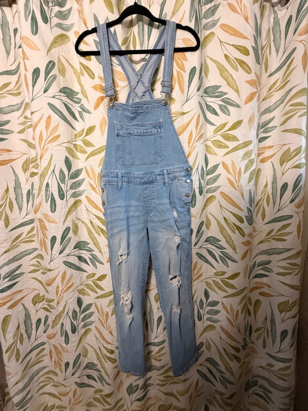 Celebrity Pink Light Blue Distressed Denim Overalls